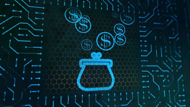 A hilarious 3d illustration of a female purse sign circuit platform with blue round coins having sparkling dollar symbols in the center of the black background with golden hexagons.