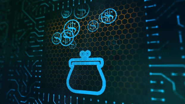 A cheerful 3d illustration of a female purse symbol of a circuit board with falling blue round coins having sparkling dollar signs in the black background placed aslant.