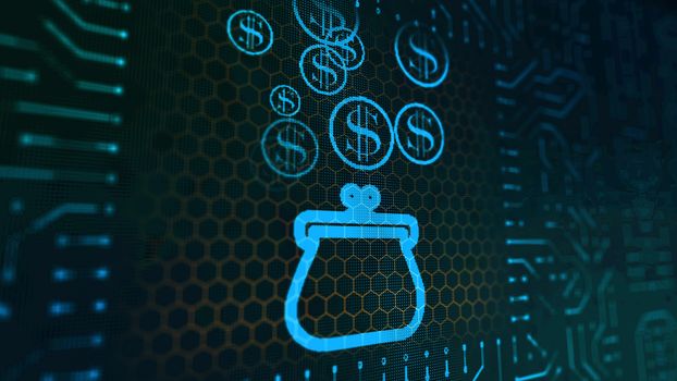 An optimistic 3d rendering of a female purse sign circuit platform with falling blue round coins having sparkling dollar signs in the black background with small golden hexagons.