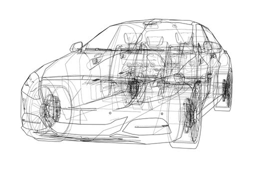 Concept business sedan car. 3d illustration. Wire-frame style