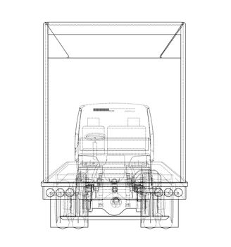 Concept mini truck sketch. 3d illustration. Wire-frame style