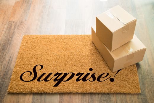Surprise Welcome Mat On Wood Floor With Shipment of Boxes.