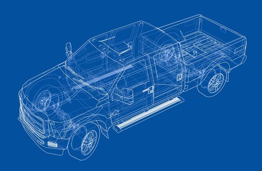 Car SUV drawing outline. 3d illustration. Sketch or blueprint
