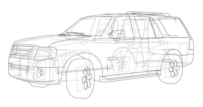 Car SUV drawing outline. 3d illustration. Sketch or blueprint