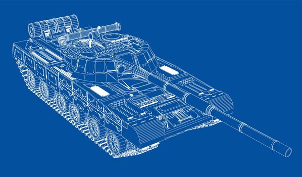 Blueprint or sketch of realistic tank. 3d illustration