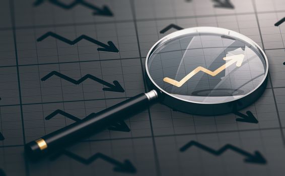 3D illustration of a magnifying glass over a golden positive chart symbol. Concept of investing opportunities and excellent investment.