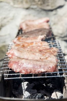 typical Abruzzo sausage grilled on fire in the woods in italy