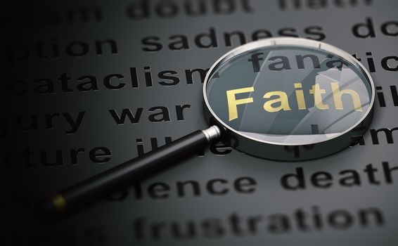 3d illustration of a magnifying glass over black background with negative text and focus on the golden word faith. 