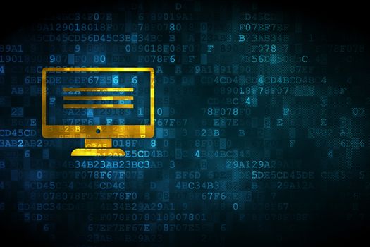 Web development concept: pixelated Monitor icon on digital background, empty copyspace for card, text, advertising