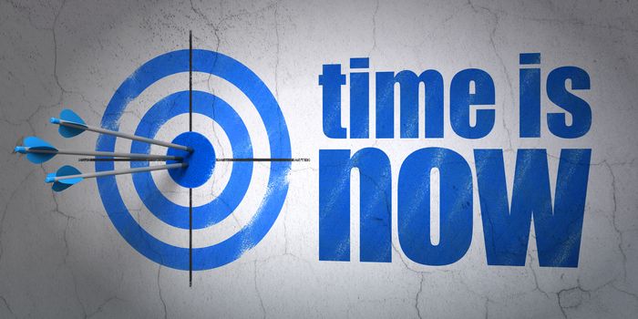 Success timeline concept: arrows hitting the center of target, Blue Time is Now on wall background, 3D rendering