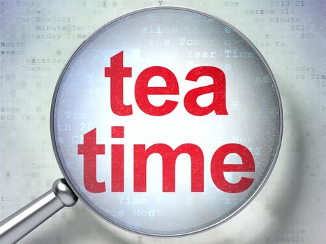 Timeline concept: magnifying optical glass with words Tea Time on digital background, 3D rendering