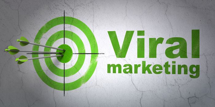 Success advertising concept: arrows hitting the center of target, Green Viral Marketing on wall background, 3D rendering