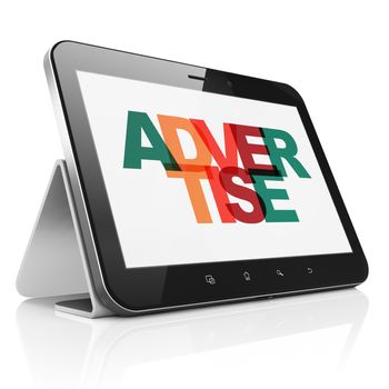 Advertising concept: Tablet Computer with Painted multicolor text Advertise on display, 3D rendering