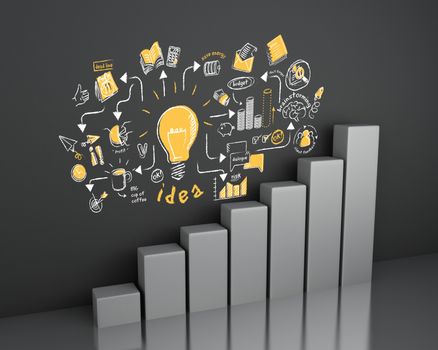 3d illustration. Bar graph with business sketch at wall. Business and strategy concept.