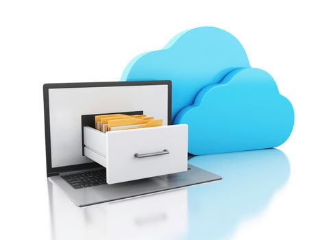 3d illustration. Laptop with folders and cloud. Transferring information. Online storage concept. Isolated white background.