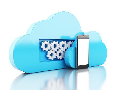 3d illustration. cloud symbol with smartphone. Cloud computing concept. Isolated on white background.