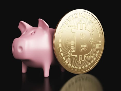 3d illustration. piggy bank and Virtual Bitcoin coin. Cryptocurrency concept.