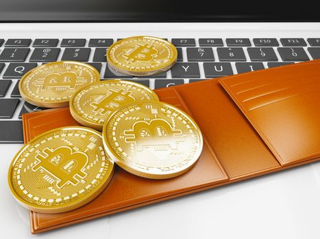 3d illustration. Pile of bitcoin gold coins on a computer keyboard. Bitcoin trading concept.