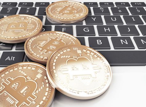 3d illustration. Pile of bitcoin gold coins on a computer keyboard. Bitcoin trading concept.