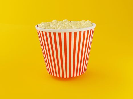 3d illustration. Box of popcorn on yellow background. Cinema concept.