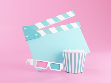 3d renderer illustration. Popcorn, clapperboard and 3d glasses. Cinematography concept.