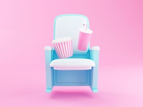 3d illustration. popcorn and drink on theater seat. Cinematography concept. 