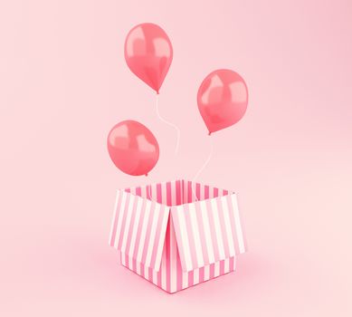 3d illustration. Pink balloons floating and gift box on pink background. Love concept.