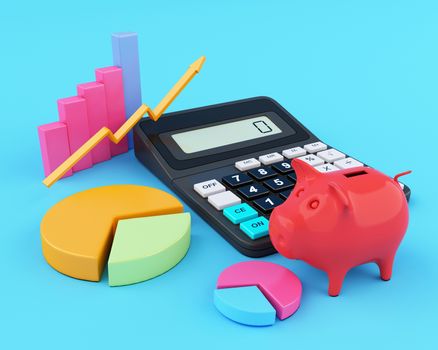 3d illustration. Office calculator with piggy bank and graphics. Business finance and banking concept.