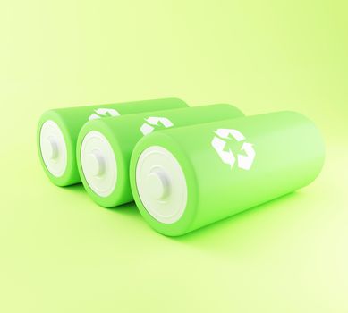 3d illustration. Green batteries with recycling symbol. Eco energy concept.