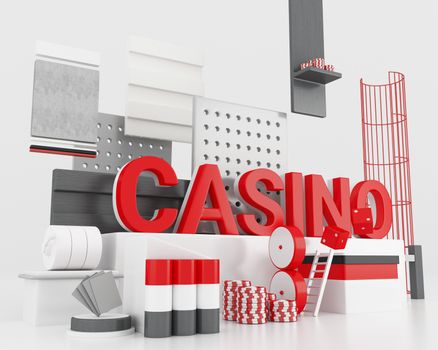 3d illustration. Word casino with chips, poker cards and dice. Gambling games.