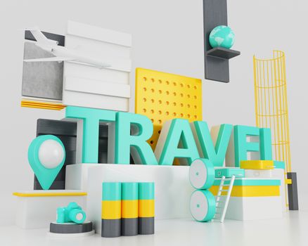 3d illustration. Word travel, design concept. Creative travel idea.