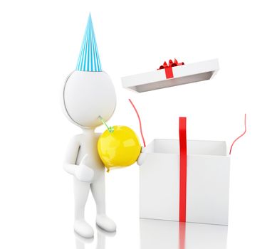 3d illustration. White people celebrating a birthday with blower and hat. Isolated white background