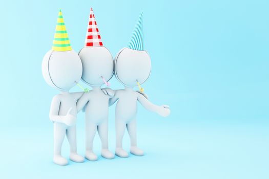 3d illustration. White people celebrating a birthday with blower and hat.