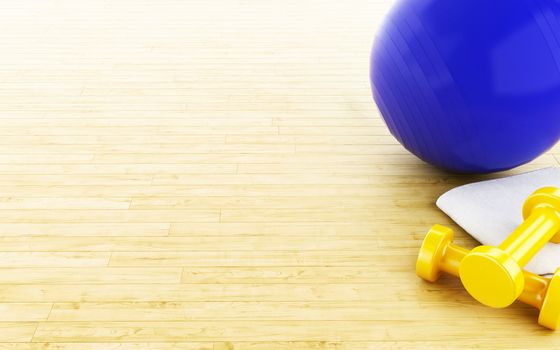 3d illustration. Fitness ball and weights. Fitness equipment. Healthy life concept.