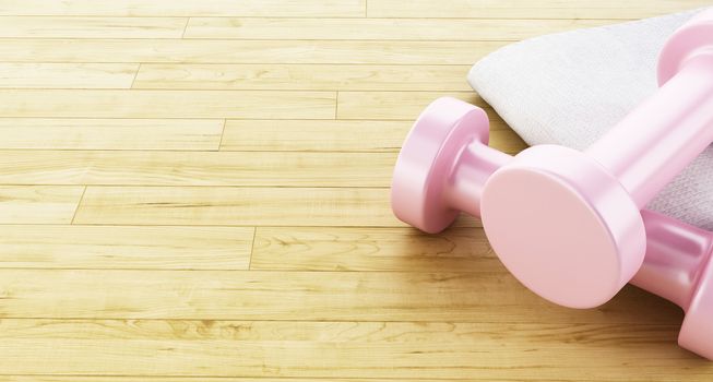 3d illustration. Pïnk weights and towel. Fitness equipment. Healthy life concept.