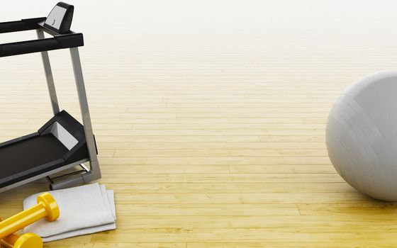 3d illustration. Fitness ball, weights, treadmill and towel. Fitness equipment. Healthy life concept.
