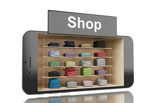 3d illustration. Smartphone with Clothing store. E-commerce, online shopping concept.