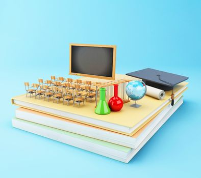 3d illustration. Open book with graduation cap, Classroom, pencils and rolled diploma. Education concept.