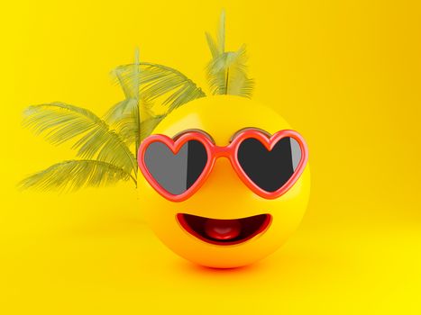 3d illustration. Emoji icons with sunglasses on yellow background. Summer concept