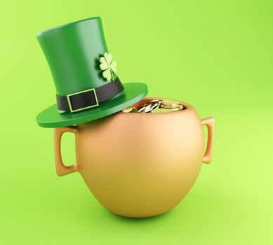 3d illustration. Treasure of Leprechaun, pot of golden coins and green hat. St. Patrick's day. 