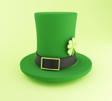 3d illustration. St. Patrick's day green hat with four-leaf.