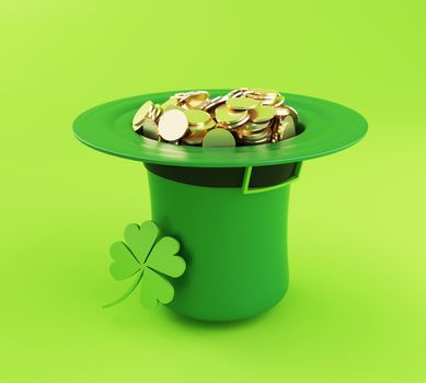 3d illustration. St. Patrick's day green hat with gold coins.