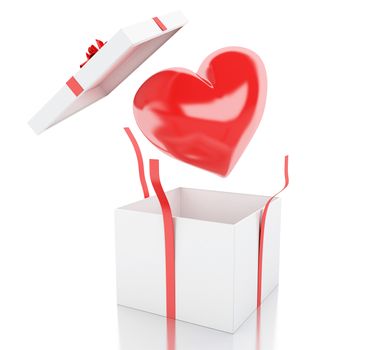 3d renderer illustration. Open gift box with a heart. Valentine's Day concept. Isolated white background.