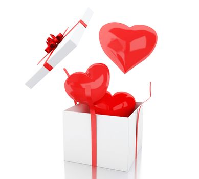 3d renderer illustration. Open gift box with hearts. Valentine's Day concept. Isolated white background.