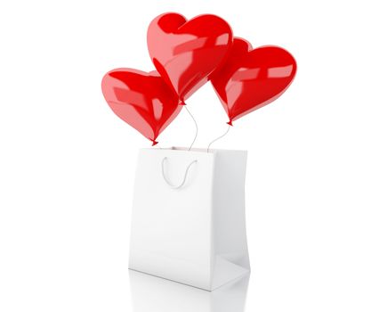 3d illustration. Shopping bag with Red balloons in form of heart. Valentines Day concept. Isolated white background.