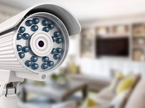3d illustration. security camera or cctv camera with blurred room. surveillance security technology concept.