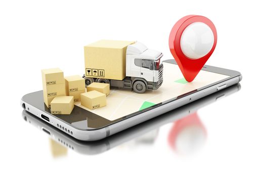 3D illustration. Smartphone with cardboard boxes.  warehouse logistics, packages dispatching and delivery concept. Isolated white background.