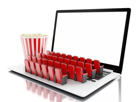 3d illustration. Laptop with blank screen and rows of cinema seats. Home cinema concept.