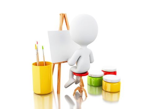 3d illustration. White people painter with an easel and brushes. Artist concept. Isolated white background.