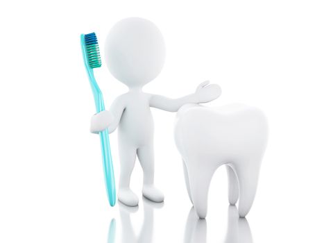 3d illustration. White people with toothbrush standing next to tooth. Dental hygiene and healthy concept.